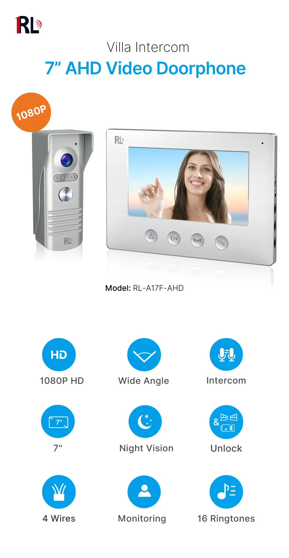 7 inch AHD Video Doorphone #RL-A17F-AHD- Camera light compensation at night. - Release the electric lock and gate lock. - Monitor the outside. - Two million pixels AHD camera.-Water-proof, _01